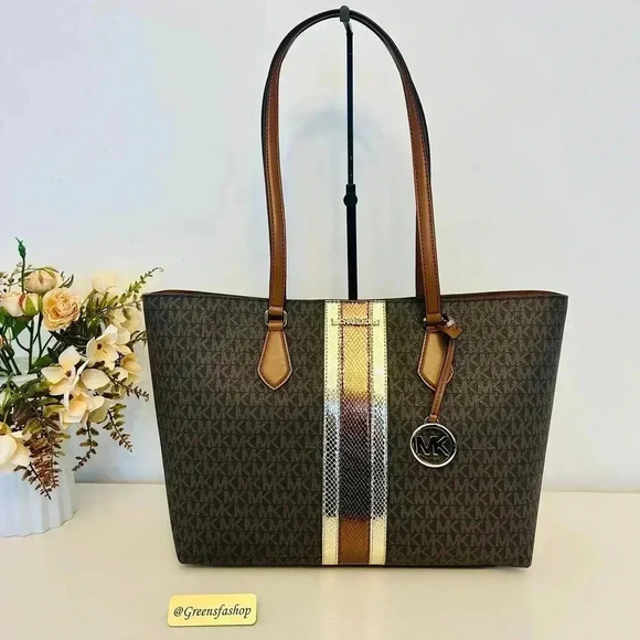 Michael Kors Purse Sheila Large Signature & Metallic Tote Bag Brown